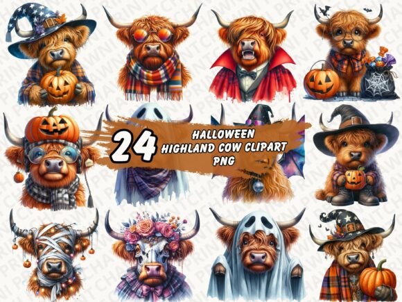 Download Funny Highland Cow Halloween Clipart Set - Premium Bundle