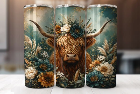 Download Teal Floral Highland Cow Tumbler Wrap - Highland cow tumbler wrap Collection